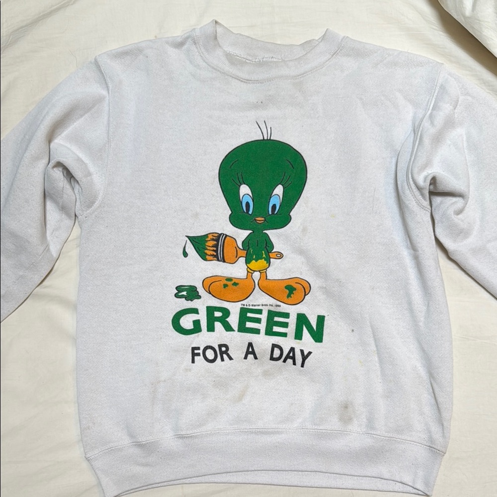 White Sweatshirt with Green Cartoon Print